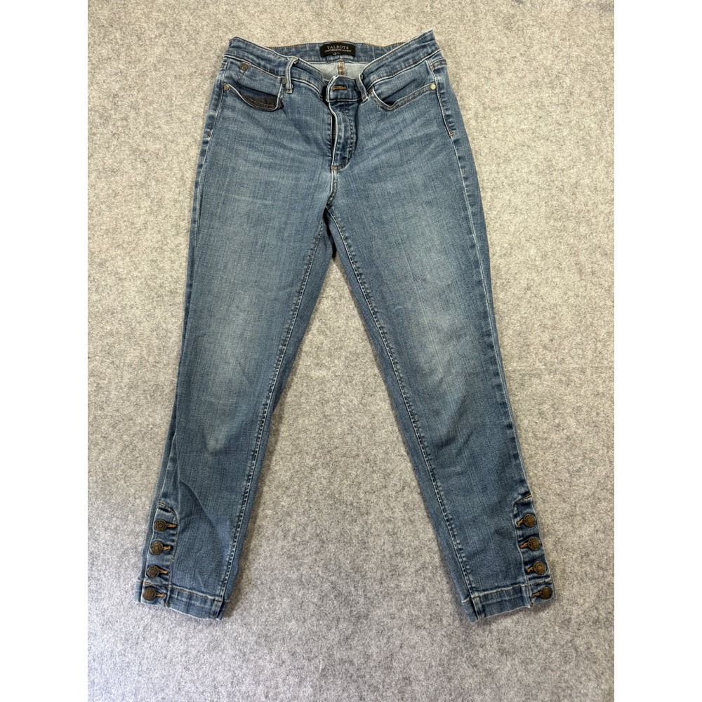 Talbots Flawless Five-Pocket Cropped Jeans 4 Blue Button Hem Stretch Denim Slim